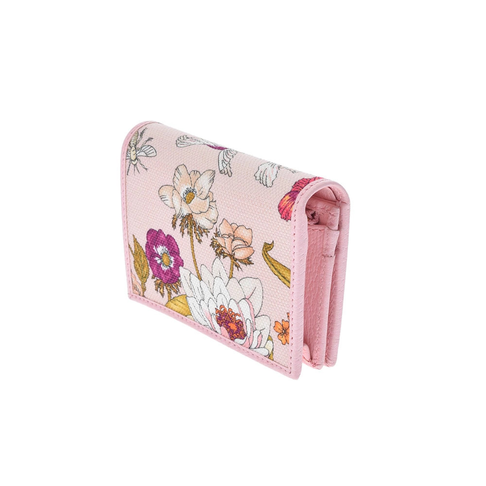 Gucci Calfskin Compact Flower fold Flora Bi Wallet Canvas Pink